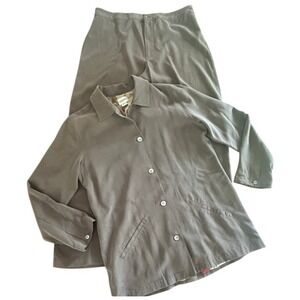 Chico's 100% Silk Blazer Pants Set Womens M/L Asian Art Lining Brown Suit Outfit